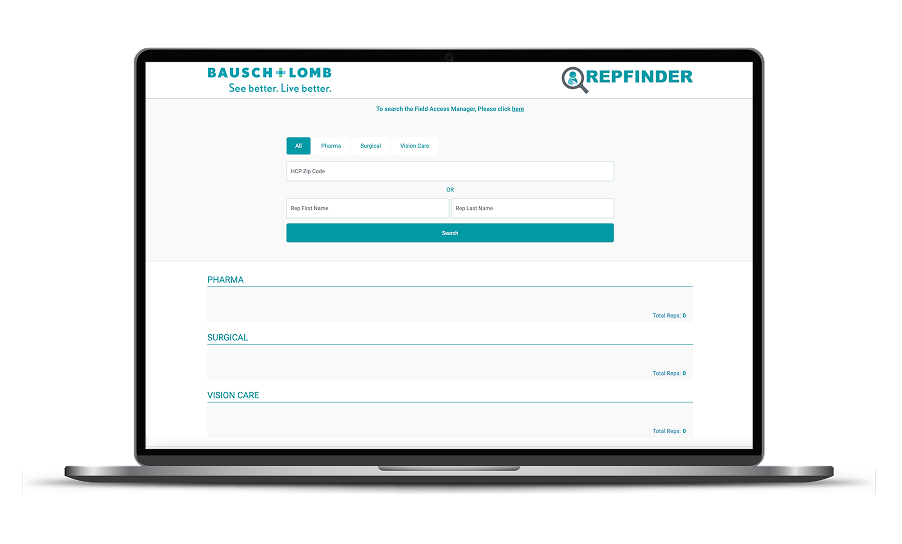 Bausch + Lomb rep finder on a laptop